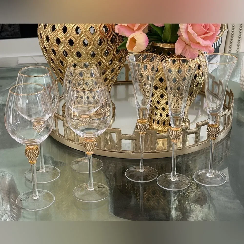 Set of 3 Z Gallerie Elegant Gold and Clear Champagne Flutes